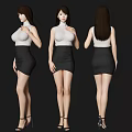 Woman In White Top And Black Skirt Front Side Back Views With High Heels