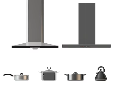 Stainless Steel And Black Range Hoods With Cookware Set In Modern Kitchen 3d model