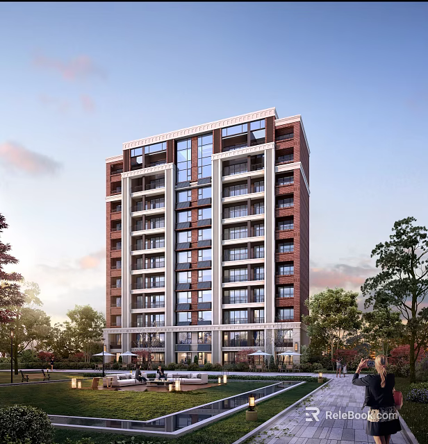 Modern Highrise Residential Building Exterior With Lush Trees And Sky 3d model 