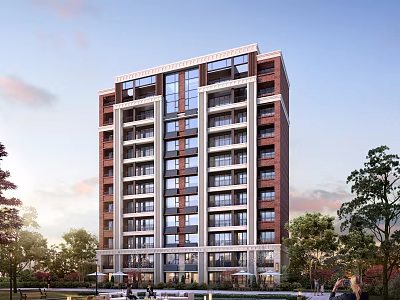 Modern Highrise Residential Building Exterior With Lush Trees And Sky 3d model