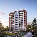 Modern Highrise Residential Building Exterior With Lush Trees And Sky