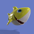 Yellow Cartoon Shark With Big Blue Eyes Open Mouth Friendly Look On Blue Background