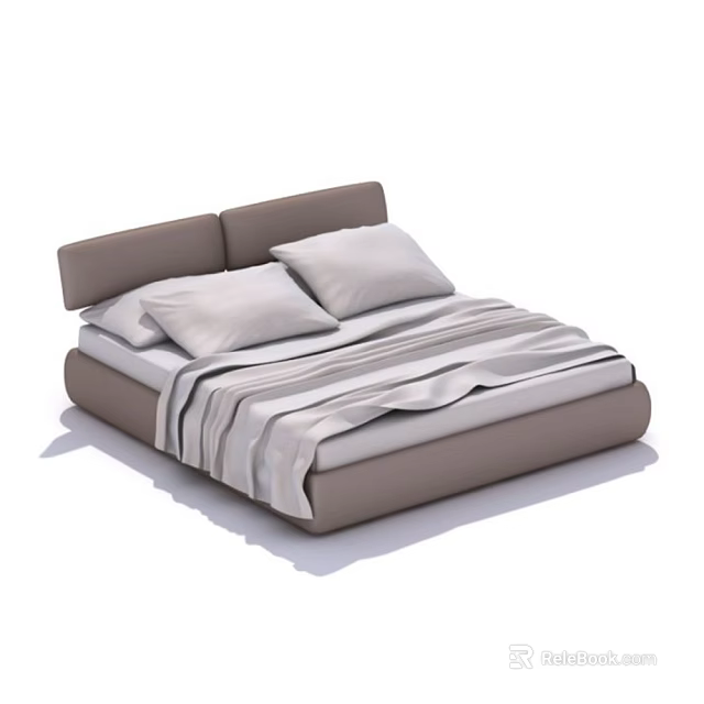 Modern Double Bed With Upholstered Headboard Pillows And Striped Bedspread 3d model 