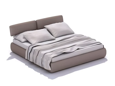 Modern Double Bed With Upholstered Headboard Pillows And Striped Bedspread 3d model