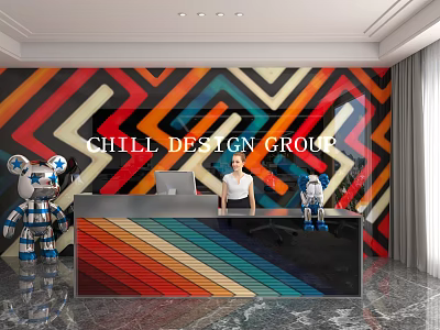 Storefront Reception Counter with Colorful Stripes and Geometric Wall Featuring Bear Decorations in Modern Design 3d model