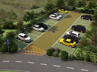 Well Designed Parking Lot With Parked Cars Multiple Spaces Greenery And Trees 3d model