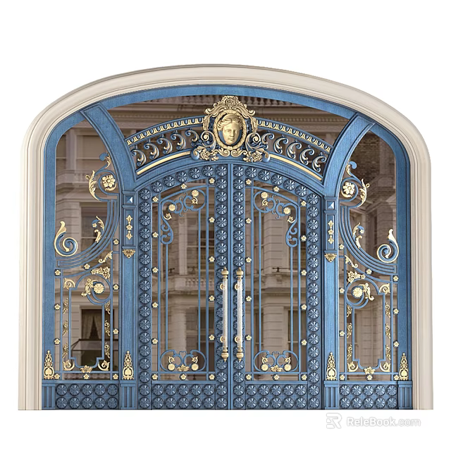 Blue Wrought Iron Gate With Intricate Gold Details And Arch Top 3d model 