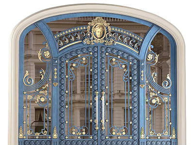 Blue Wrought Iron Gate With Intricate Gold Details And Arch Top 3d model