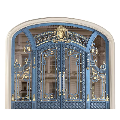 Blue Wrought Iron Gate With Intricate Gold Details And Arch Top 3d model