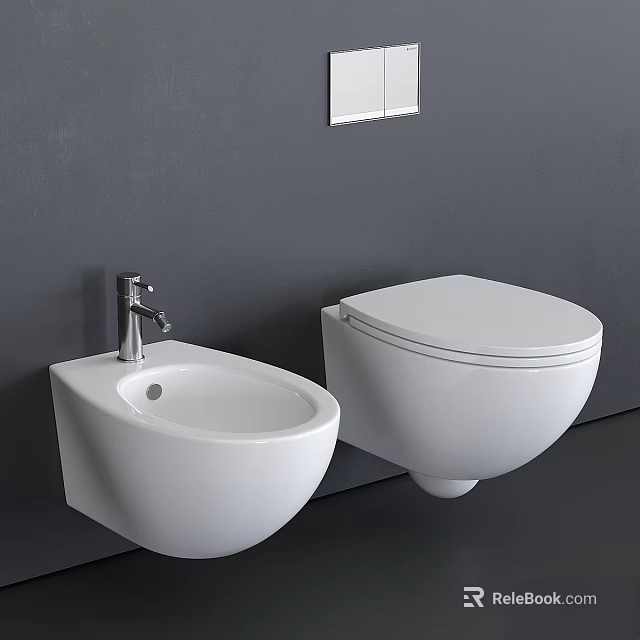 Modern Wall Mounted Toilet With Matching Wall Mounted Bidet Against Gray Wall And Silver Faucet 3d model 