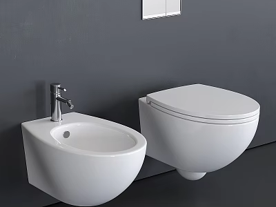 Modern Wall Mounted Toilet With Matching Wall Mounted Bidet Against Gray Wall And Silver Faucet 3d model