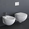 Modern Wall Mounted Toilet With Matching Wall Mounted Bidet Against Gray Wall And Silver Faucet