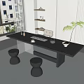 Modern Black Tea Table And Round Stools Set With Decorative Items Green Plant