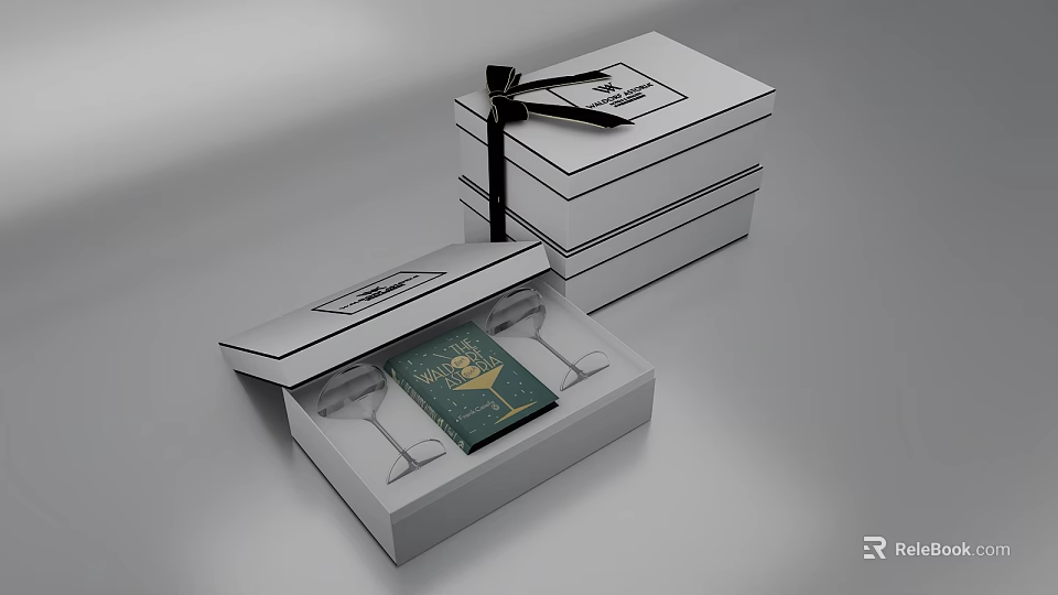 Elegant Ornament Decoration Set With White Gift Boxes And Black Ribbon Inside Opened Box 3d model 