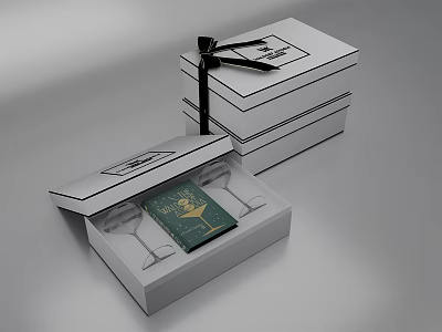 Elegant Ornament Decoration Set With White Gift Boxes And Black Ribbon Inside Opened Box 3d model