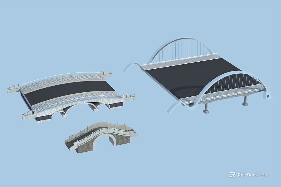 Three Different Bridge Models Featuring Arch And Modern Designs With Stone And Metal Elements 3d model 