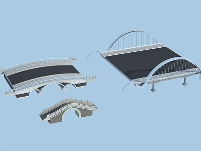 Three Different Bridge Models Featuring Arch And Modern Designs With Stone And Metal Elements 3d model