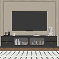 Modern Black TV Stand With TV Drawers Glass Doors And Decorative Items