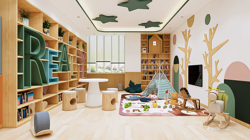 Book Art Themed Kids Reading Space With Wooden Bookshelves Star Ceiling Play Tent Colorful Letters 3d model 