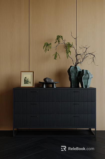 Black Entryway Side Cabinet Featuring Framed Picture Stone Decor Vase and Plants on Wooden Wall 3d model 