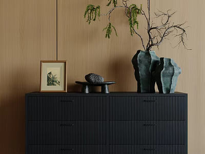 Black Entryway Side Cabinet Featuring Framed Picture Stone Decor Vase and Plants on Wooden Wall 3d model