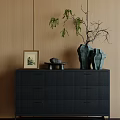 Black Entryway Side Cabinet Featuring Framed Picture Stone Decor Vase and Plants on Wooden Wall