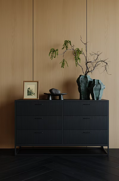 Black Entryway Side Cabinet Featuring Framed Picture Stone Decor Vase and Plants on Wooden Wall 3d model