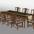 Traditional Chinese Style Dark Wood Dining Table With High Back Chairs And Green Table Runner