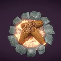 Decorative Ornament Set With Wooden Logs And Glowing Stones On Dark Background