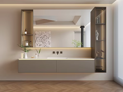 Modern Bathroom Wall Mounted Washbasin With Mirror Cabinet Storage Shelves Decorative Painting Plants And Lighting 3d model