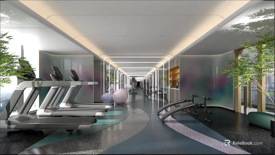 Modern Fitness Gym Interior With Treadmills Exercise Balls And Training Equipment 3d model 
