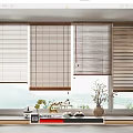 Varied Style Bamboo Blinds for Home Interior with Mountain View and Decorative Vases on Windowsill