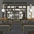 Minimalist Tea Room Interior With Wooden Lattice Shelves Long Tables And Pendant Lights