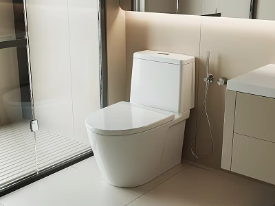 Sleek Modern White Toilet in Contemporary Bathroom with Tile Walls and Glass Shower 3d model