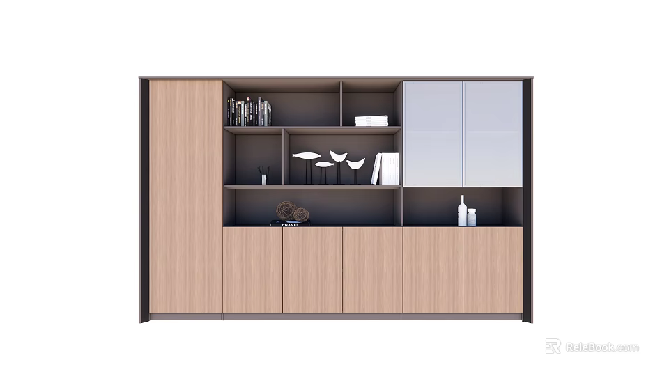Modern Bookcase Design Featuring Wooden Panels Glass Doors Open Shelves And Decorative Items 3d model 