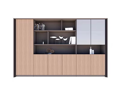 Modern Bookcase Design Featuring Wooden Panels Glass Doors Open Shelves And Decorative Items 3d model