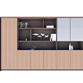 Modern Bookcase Design Featuring Wooden Panels Glass Doors Open Shelves And Decorative Items