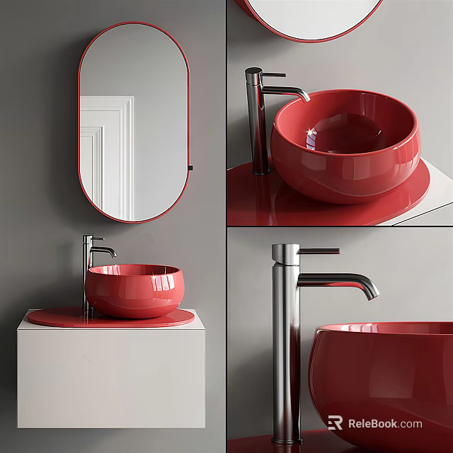 Modern Red Bowl Shaped Washbasin With Silver Faucet And White Cabinet Mirror 3d model 