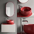 Modern Red Bowl Shaped Washbasin With Silver Faucet And White Cabinet Mirror