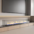 Modern Living Room Fireplace Design With TV Above Wooden Cabinets And Realistic Flame Effect