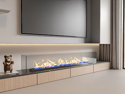 Modern Living Room Fireplace Design With TV Above Wooden Cabinets And Realistic Flame Effect 3d model