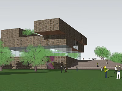 Modern Irregular Block Building With Brown Brick Texture Glass Windows Lawn Trees And People Activity 3d model