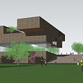 Modern Irregular Block Building With Brown Brick Texture Glass Windows Lawn Trees And People Activity