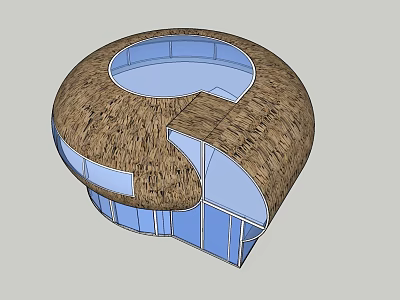 Round Shaped Architectural Structure With Thatched Roof And Central Circular Opening Glass Windows 3d model