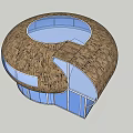 Round Shaped Architectural Structure With Thatched Roof And Central Circular Opening Glass Windows