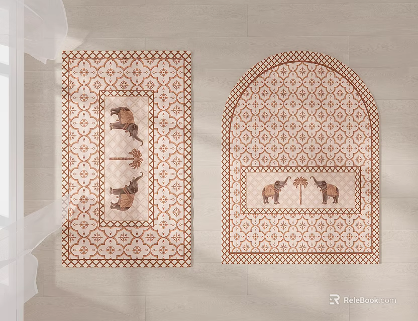 Square Rug With Geometric Pattern And Elephant Design In Brown Beige Color 3d model 