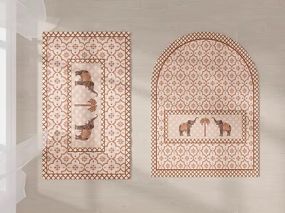 Square Rug With Geometric Pattern And Elephant Design In Brown Beige Color 3d model