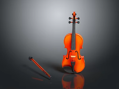 High Quality Orange Violin With Bow On Black Background For Daily Living 3d model