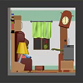 Cartoon Room Scene Featuring Red Sofa TV Bookshelf Lamp Window Curtain And Rug