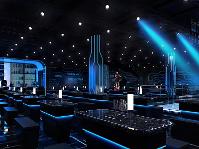 Modern Bar Interior Design With Blue Lighting Futuristic Elements And Sleek Counter 3d model